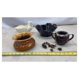 Vtg pottery pieces-brown drip glaze dish (lid