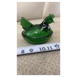 Emerald Green Glass Hen on Nest Small chip see