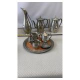 Big Pewter pitcher, teapots, a creamer, a sugar