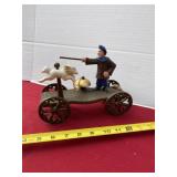 Cast Iron Toy Magician and Dog on Rolling Wagon