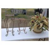 Two Cast Iron Folding Plant Stands & Planter with
