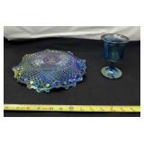 Iridescent Blue Carnival Glass Ruffled Hostess