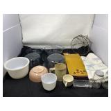 Pyrex Glass Bowls, Kitchen Towels, Wire Basket