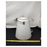 White and Red Enamelware Coffee Pot