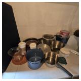 Miscellaneous Lot Pots, Tins, Measuring Cup