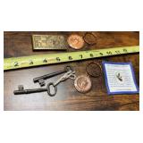 Money Clip, skeleton keys, a commemorative token
