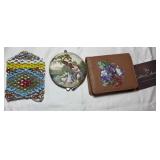 Brown Leather Wallet, beaded Pouch, Compact
