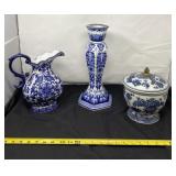 Blue And White Candlestick Holder, Pitcher & More