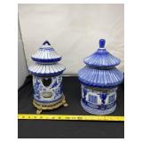 Blue and White Candle Holder and Cookie Jar