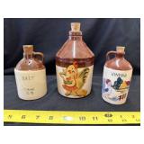 3 Vintage  Glazed Jugs, Vinegar, Salt, and Hen