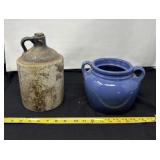 Stoneware Jar and Blue Ceramic Bean Pot with