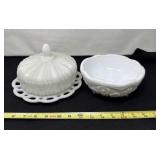 McKee Toltec Milk Glass 3 Footed Bowl with Crack