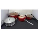 Red Copper Pans, Lids and Strainer