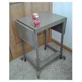 VINTAGE METAL DROP-LEAF SEWING TABLE ON WHEELS