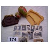 2 PAPER EGGS, OLD PURSE, TABLE CRUMB SCRAPER,