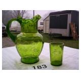 GREEN ETCHED PITCHER WITH ONE GLASS