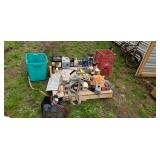 Two milk crates, oils, 12 volt lights & more.