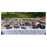 WOOD TOY TRUCK, BALL HELMETS, TREE STAND, ETC