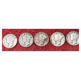 5 MERCURY SILVER DIMES