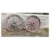 Two wood wagon wheels