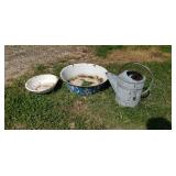 Old granite pans water can rough shape  Lawn art