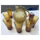Vtg. Amber Anchor Hocking Pitcher & Glasses
