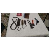 Old wood  advertising Box scales  Ice tonges.