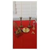 Brass candel holders  brass basket and more.