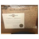 1931 San Francisco Newspaper with Certificate of