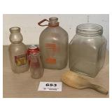 OLD MILK BOTTLES, WOOD PADDLE