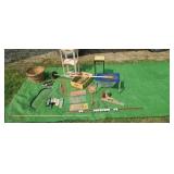 Old wood  pop crate thermometers license plates.