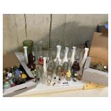 OLD GLASS INSULATORS, BUD VASES, SMALL BOTTLES,