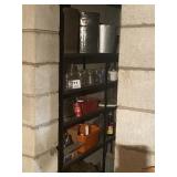 LARD CANS, JARS, VASES, ETC ON SHELVES