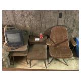 END TABLES, SMALL TV, CHAIR