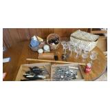 GOBLETS, SILVERWARE, KNIVES, CLOCKS, ETC