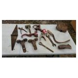 OLD WRENCHES, DOOR HINGE, ETC