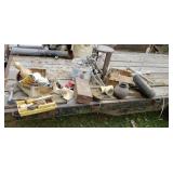 two tier wood stand, tire, misc