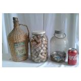 JAR OF BUTTONS, CORKS, OLD RUM BOTTLE EMPTY