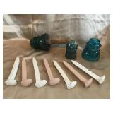 7 RAILROAD SPIKES & 3 INSULATORS