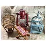 RED LANTERN, BLUE BIRDCAGE, WICKER CHAIR