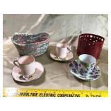 3 CUPS & SAUCERS, CANDLE HOLDER, RAG