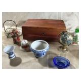 LANE CHEST W/KEY, BLUE & WHITE WARE, BASKET