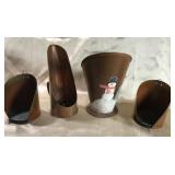 3 METAL CANDLE HOLDERS, MATCHING SNOWMAN