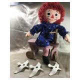 18" RAG DOLL, WOOD TRICYCLE, 3 BIRD BEADS