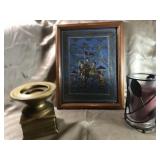 SILK FRAMED ORIENTAL PICTURE, METAL & GLASS
