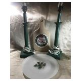 GREEN CANDLESTICK LAMP, CHRISTMAS TRAY
