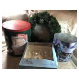 FIR WREATH, WINTER WASTEBASKET, SANTA TIN