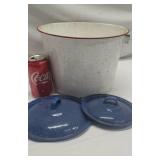Red rimmed granite ware and 2 enamel ware lids