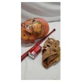 Ceramic piggy bank, Spalding ball glove and toy