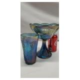 Indiana blue iridescent pedestal compote & glass
